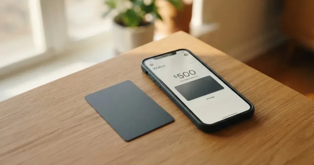 A payment card next to a phone with a crypto wallet app open