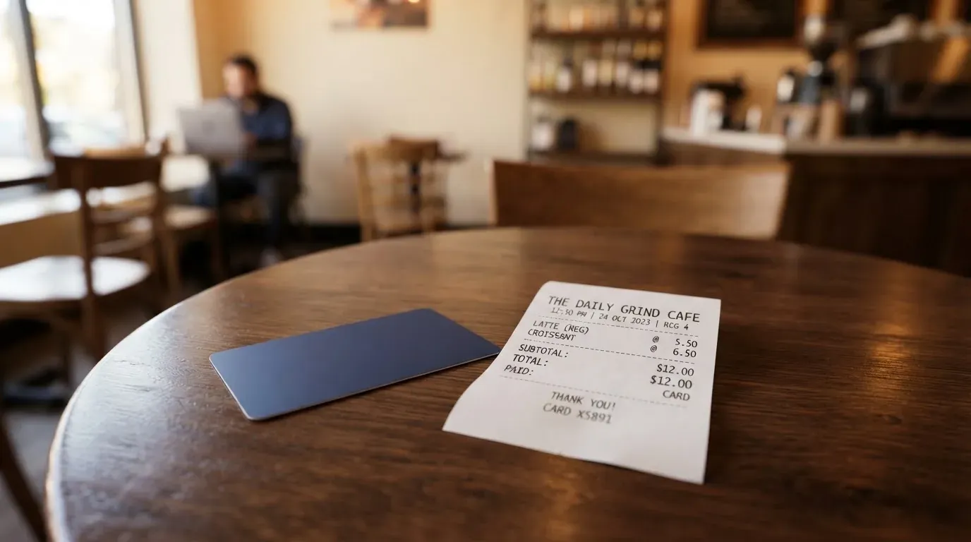 A receipt and a card on a café table
