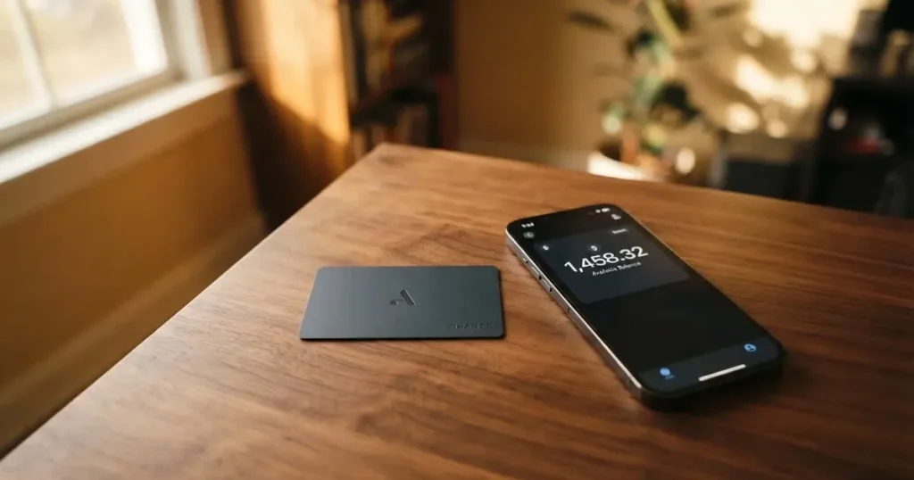 A payment card next to a phone with a crypto wallet app open