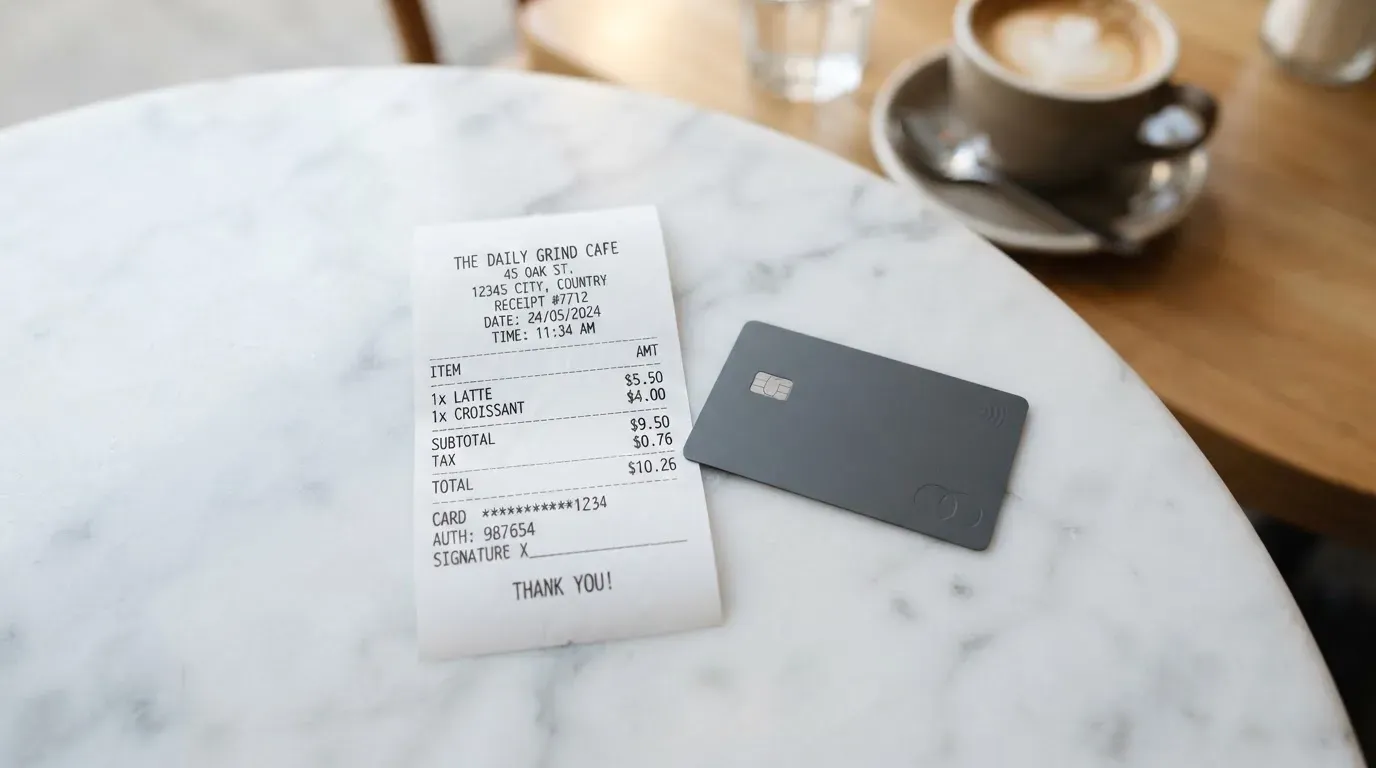 A receipt and a card on a café table