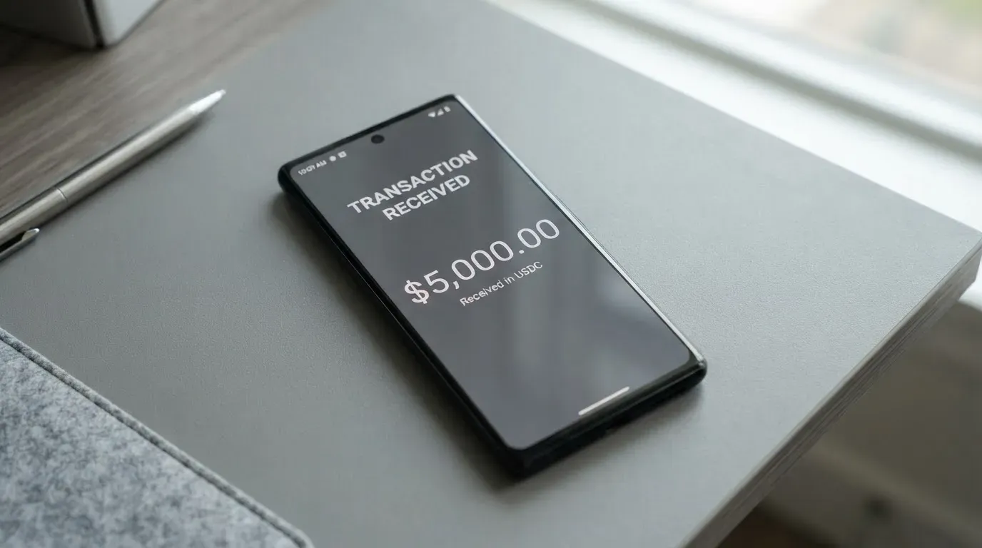 A phone showing a stablecoin transfer screen