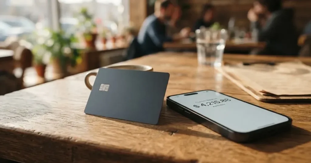 A payment card next to a phone with a crypto wallet app open