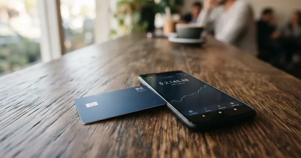 A payment card next to a phone with a crypto wallet app open