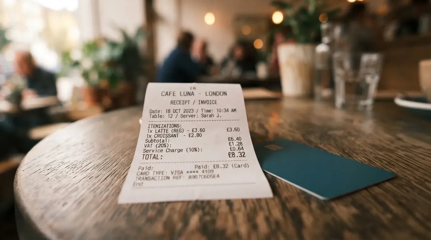 A receipt and a card on a café table