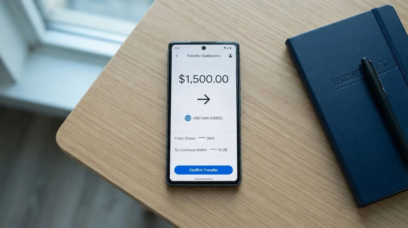 A phone showing a stablecoin transfer screen