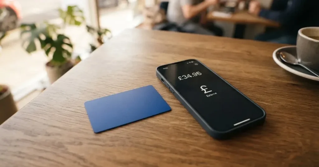 A payment card next to a phone with a crypto wallet app open