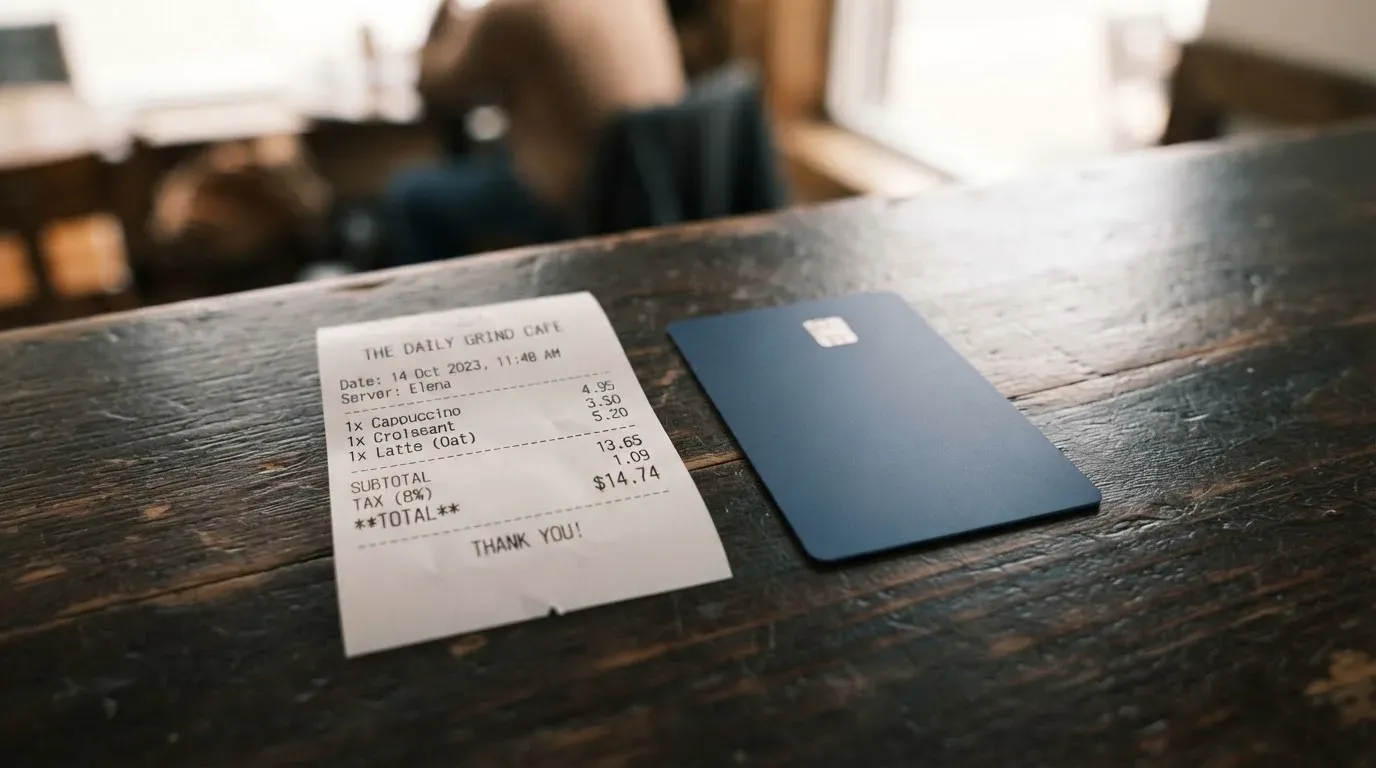 A receipt and a card on a café table