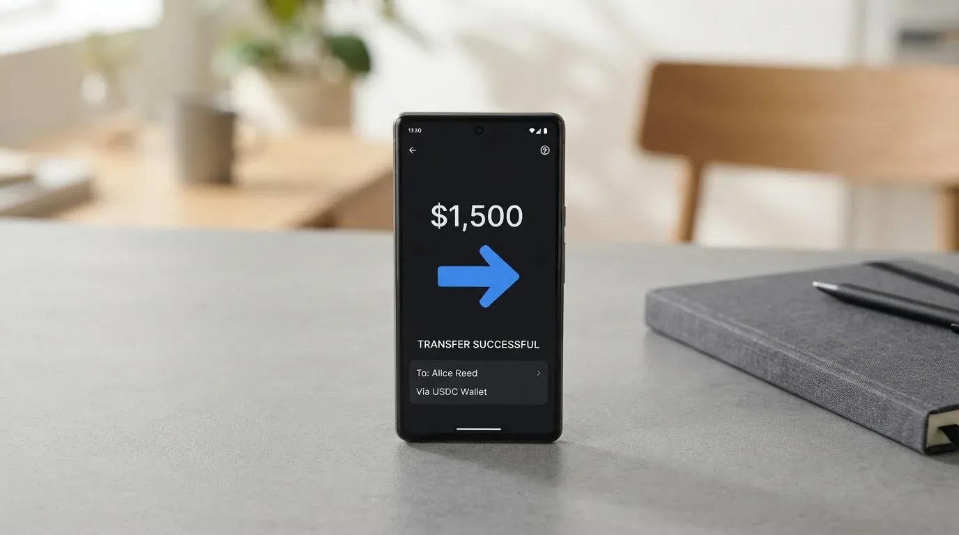 A phone showing a stablecoin transfer screen