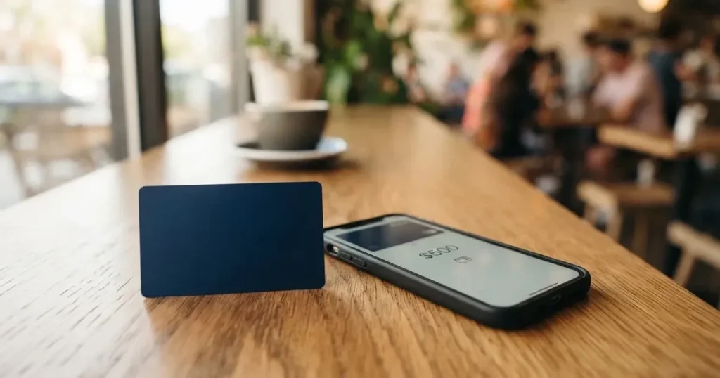A payment card next to a phone with a crypto wallet app open