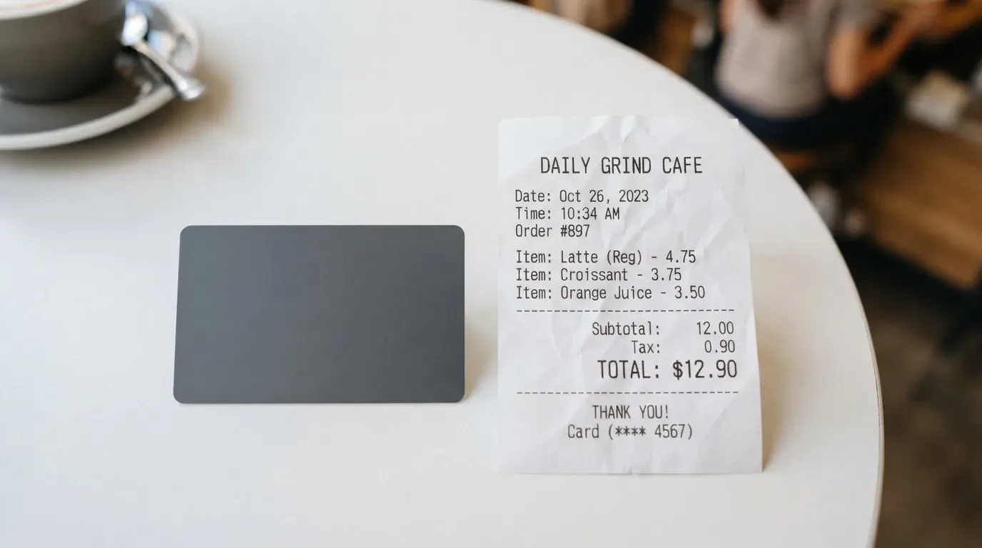 A receipt and a card on a café table