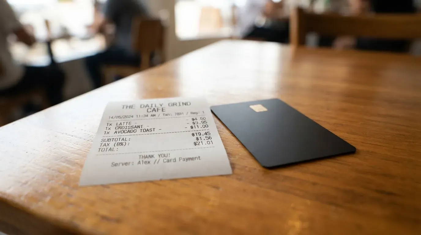 A receipt and a card on a café table