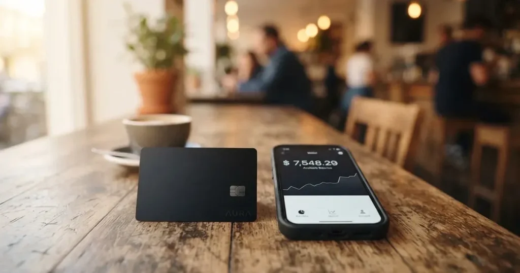 A payment card next to a phone with a crypto wallet app open