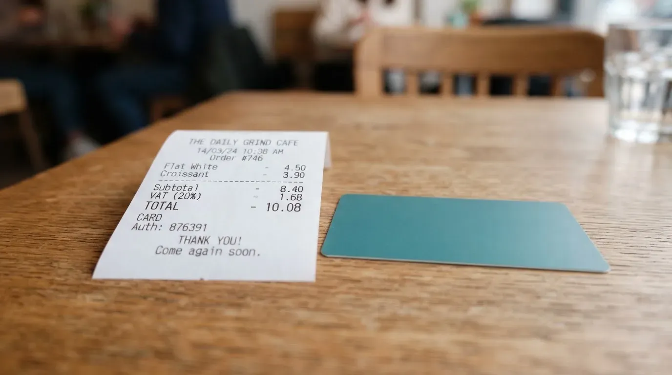 A receipt and a card on a café table