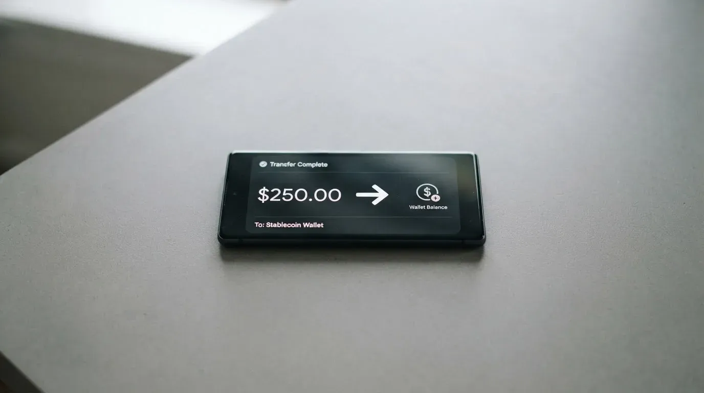 A phone showing a stablecoin transfer screen