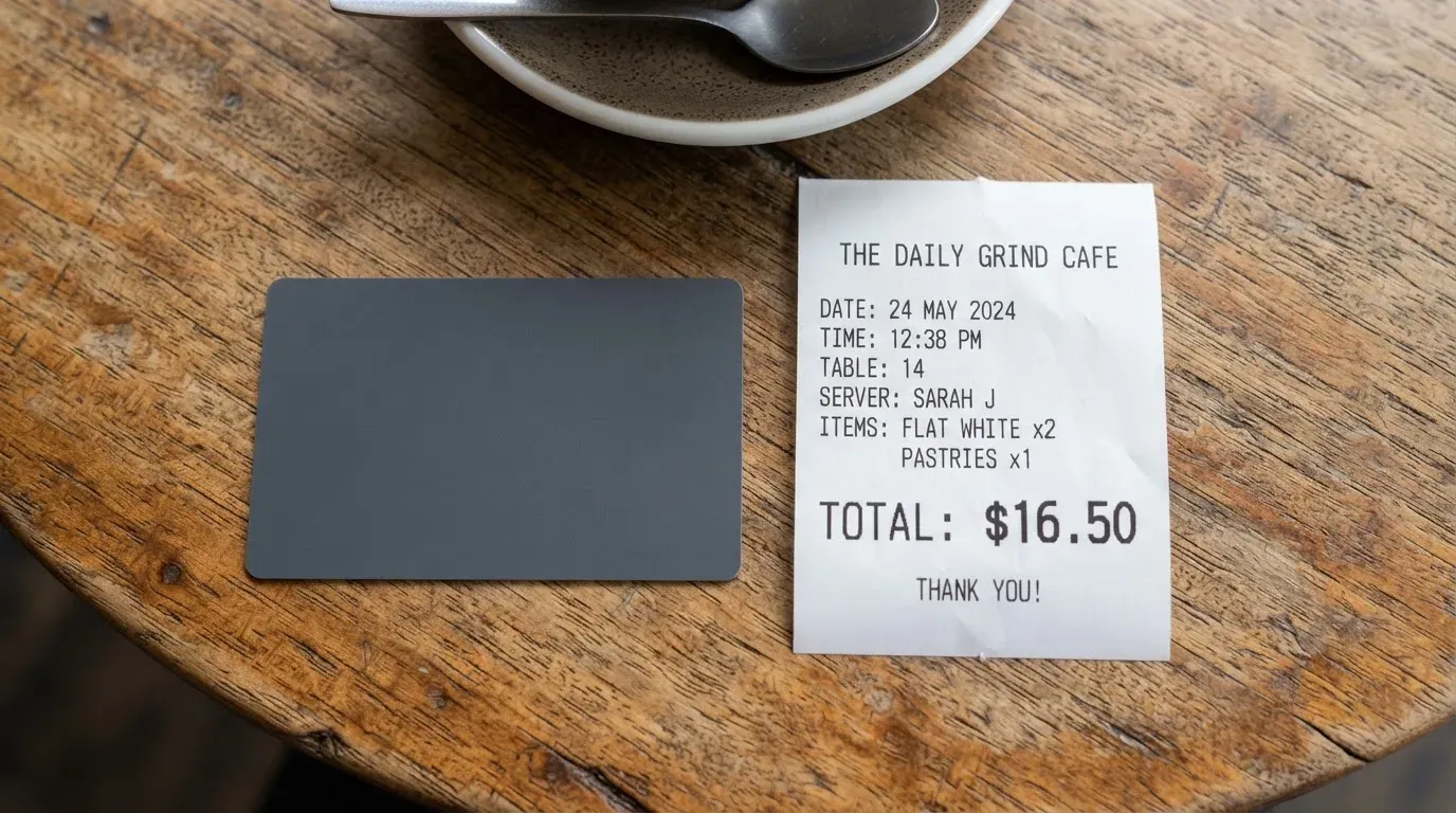 A receipt and a card on a café table