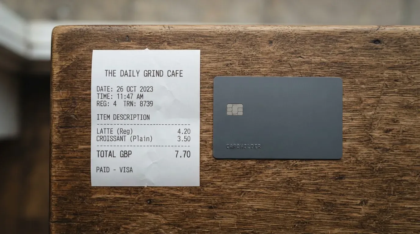 A receipt and a card on a café table
