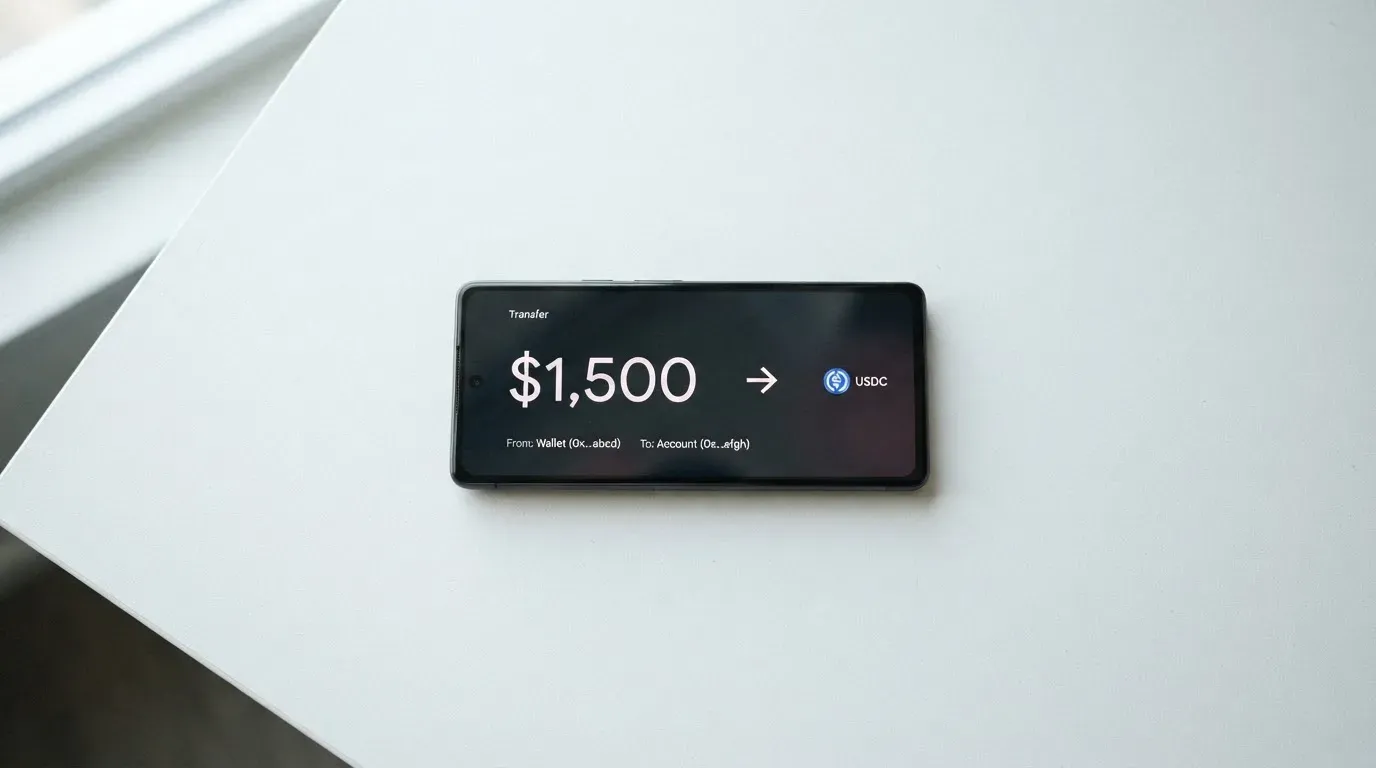 A phone showing a stablecoin transfer screen