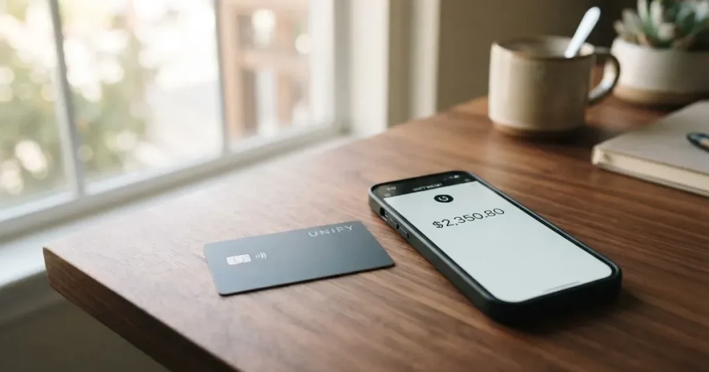 A payment card next to a phone with a crypto wallet app open