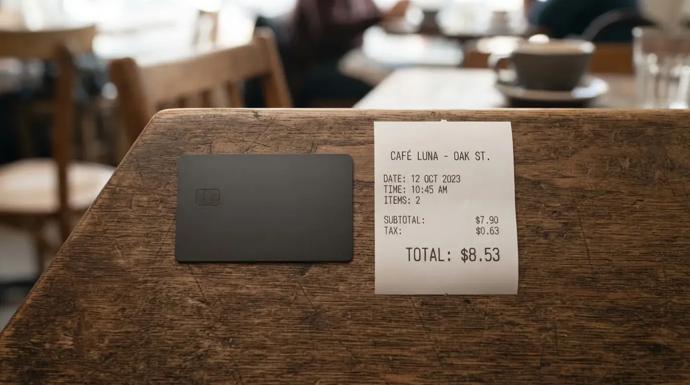 A receipt and a card on a café table