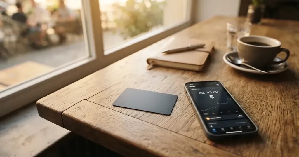 A payment card next to a phone with a crypto wallet app open