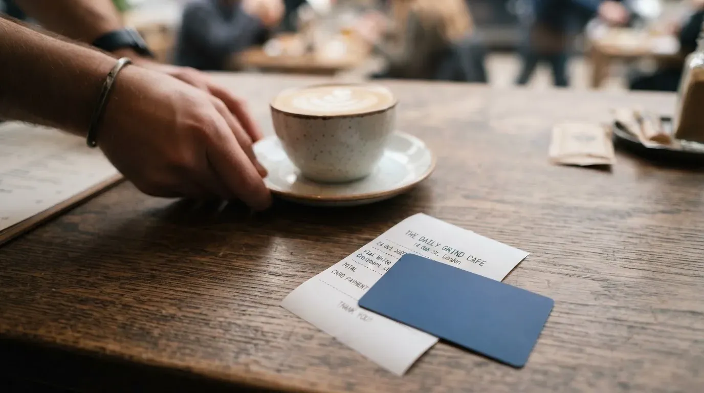A receipt and a card on a café table