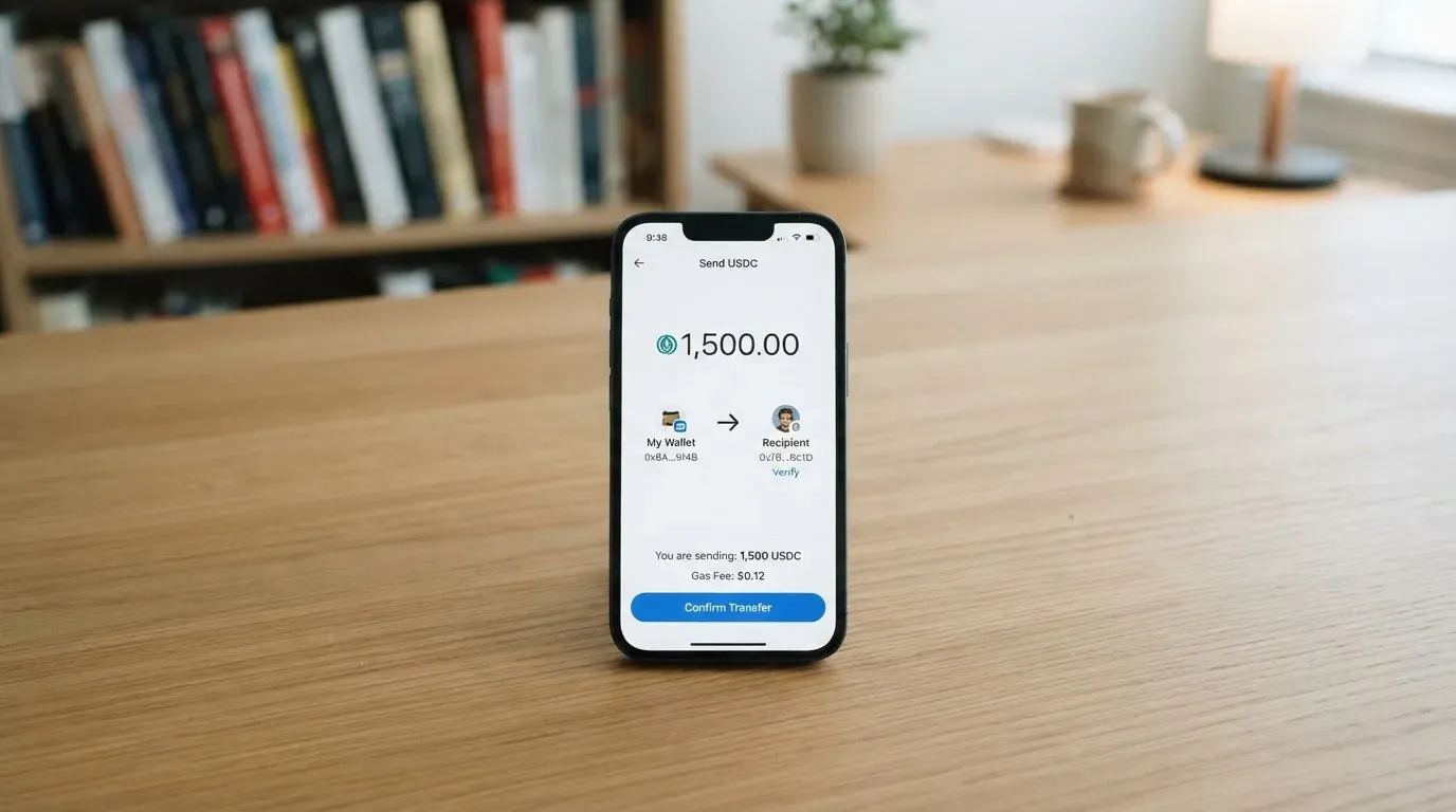 A phone showing a stablecoin transfer screen