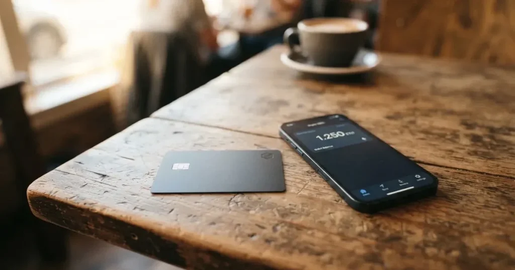 A payment card next to a phone with a crypto wallet app open