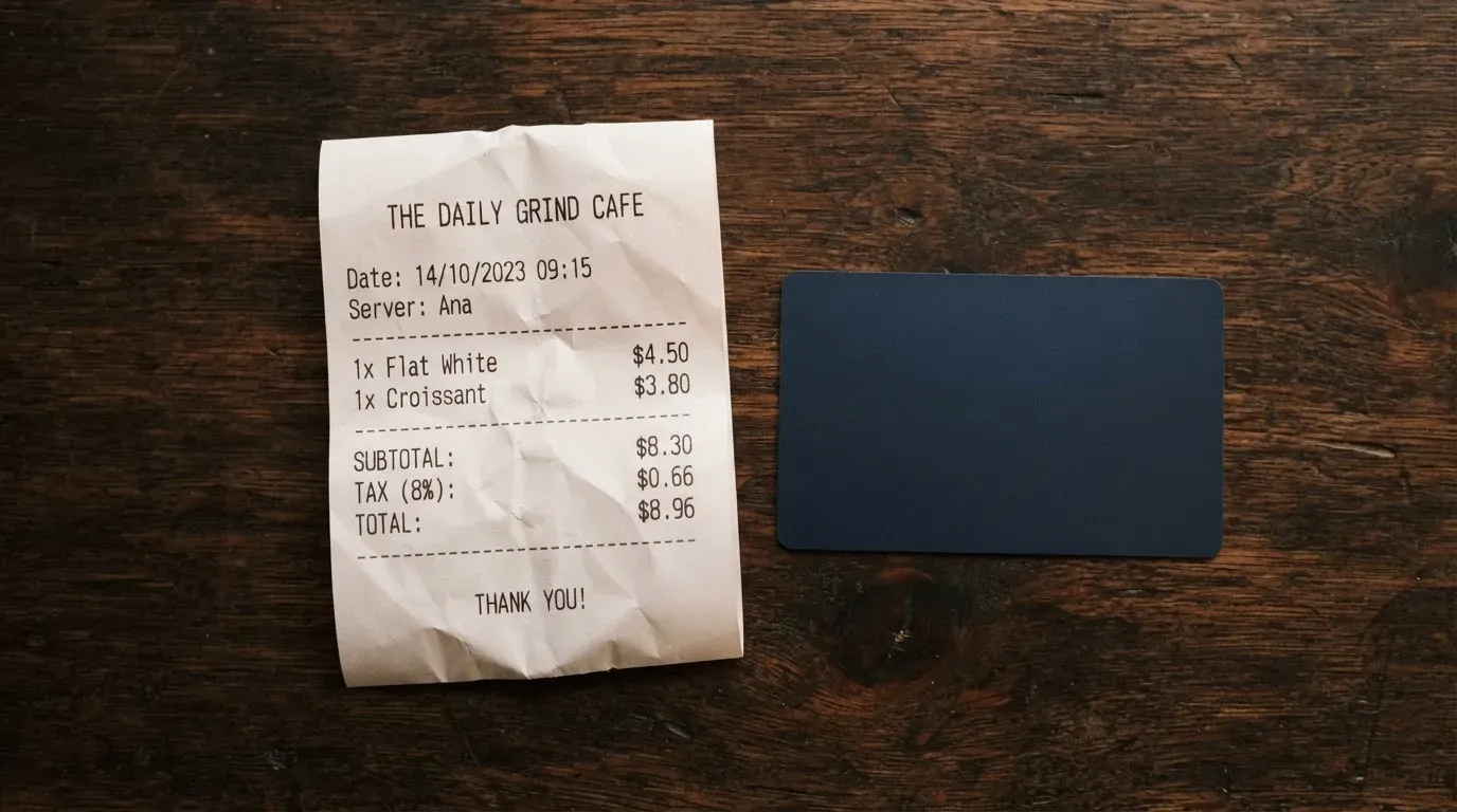 A receipt and a card on a café table