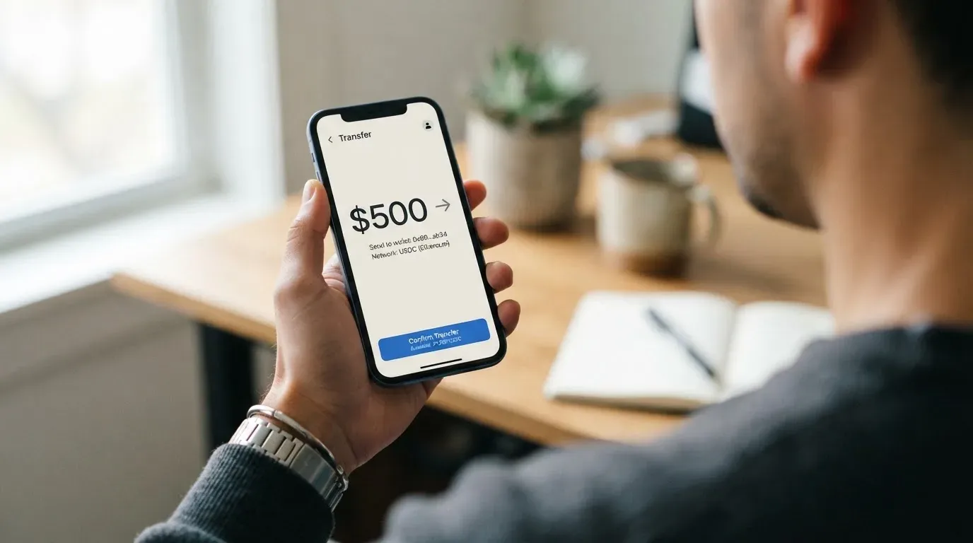 A phone showing a stablecoin transfer screen