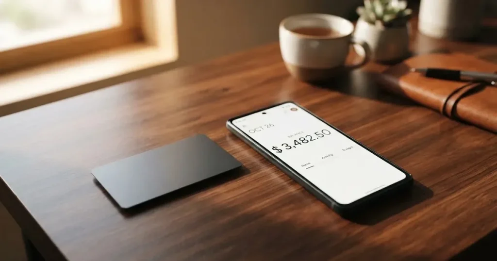 A payment card next to a phone with a crypto wallet app open