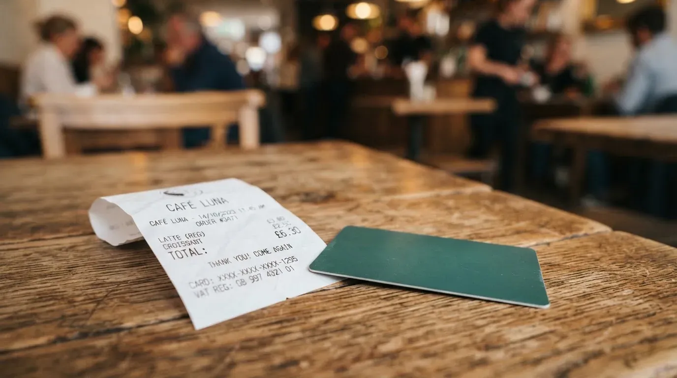 A receipt and a card on a café table