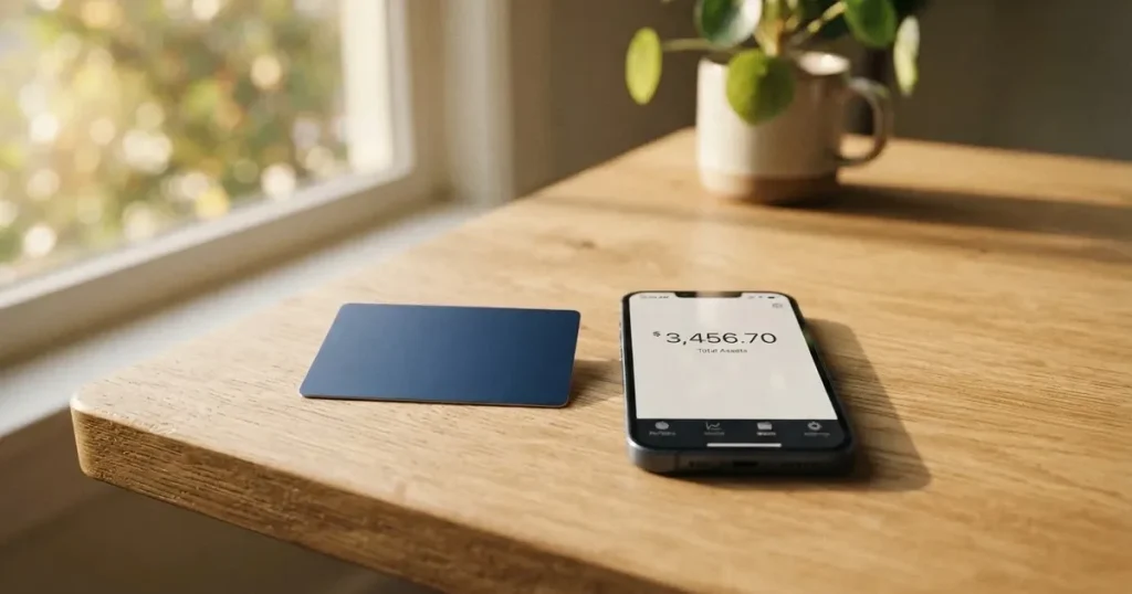 A payment card next to a phone with a crypto wallet app open