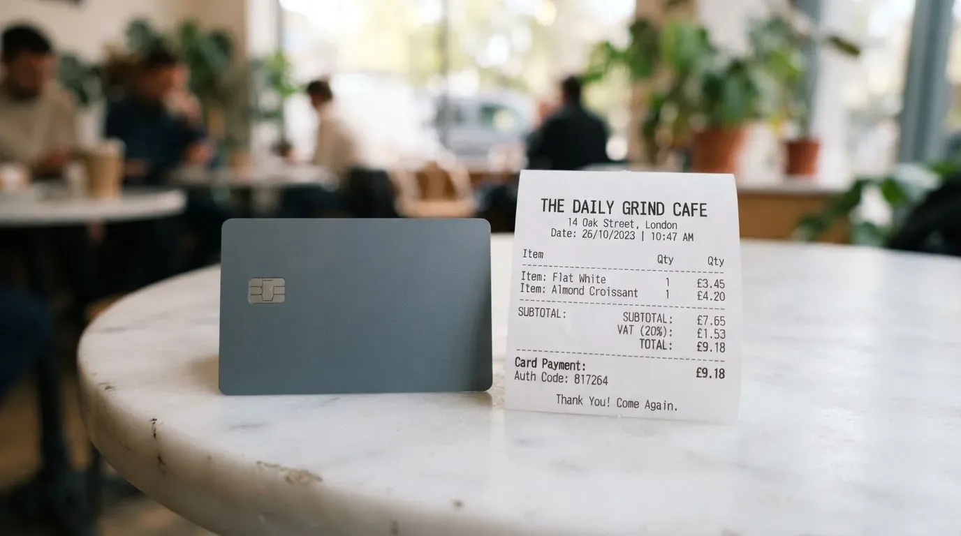 A receipt and a card on a café table