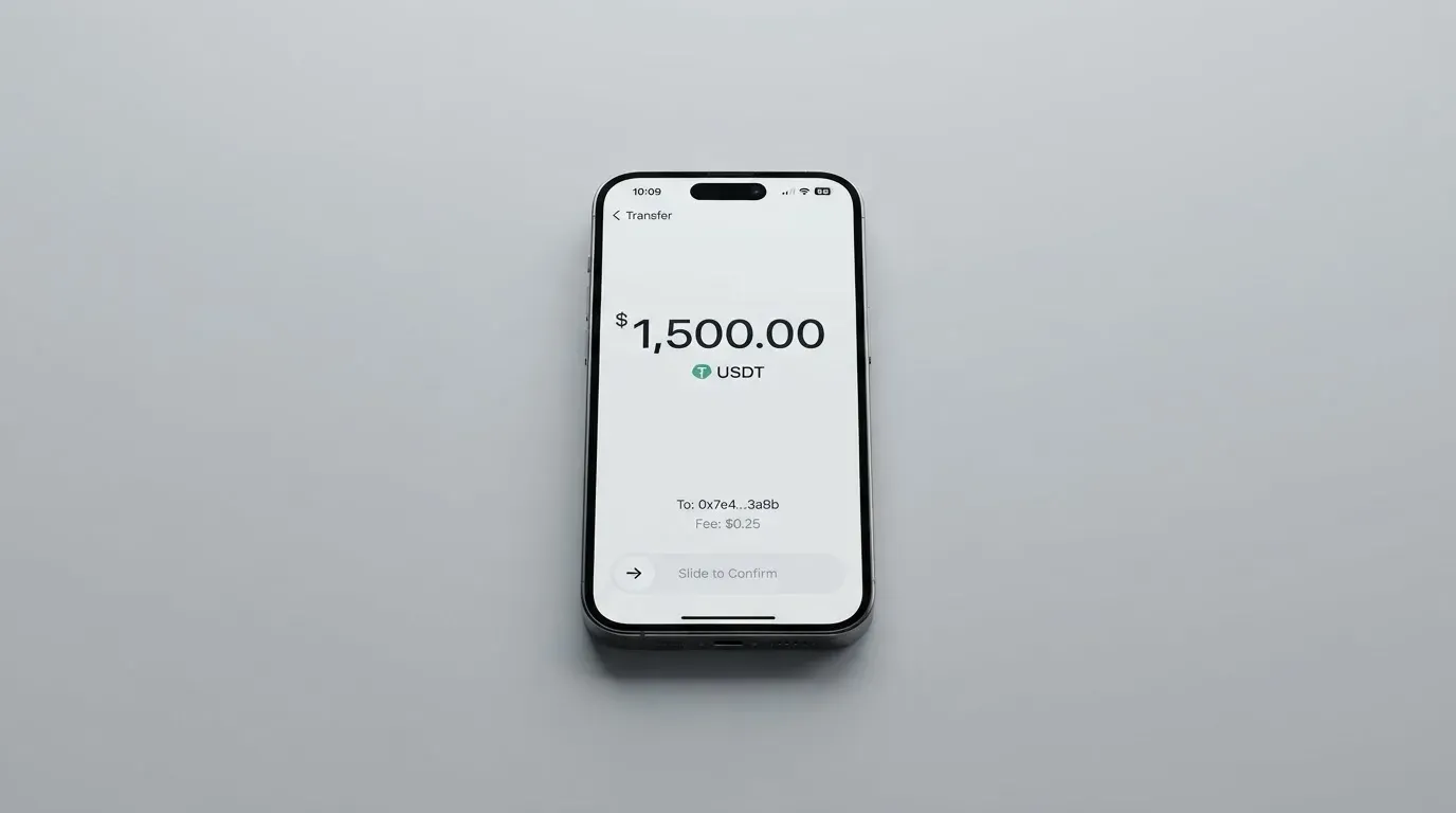 A phone showing a stablecoin transfer screen