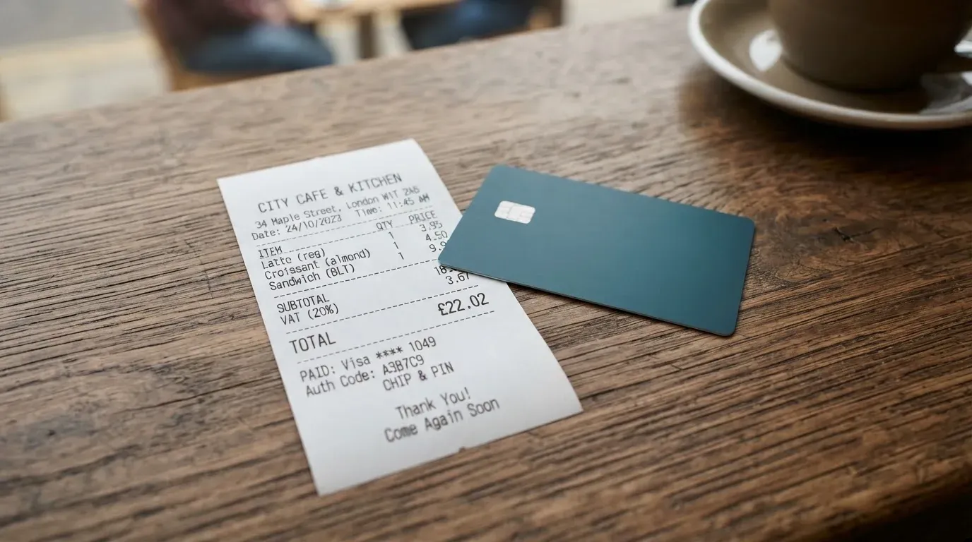 A receipt and a card on a café table