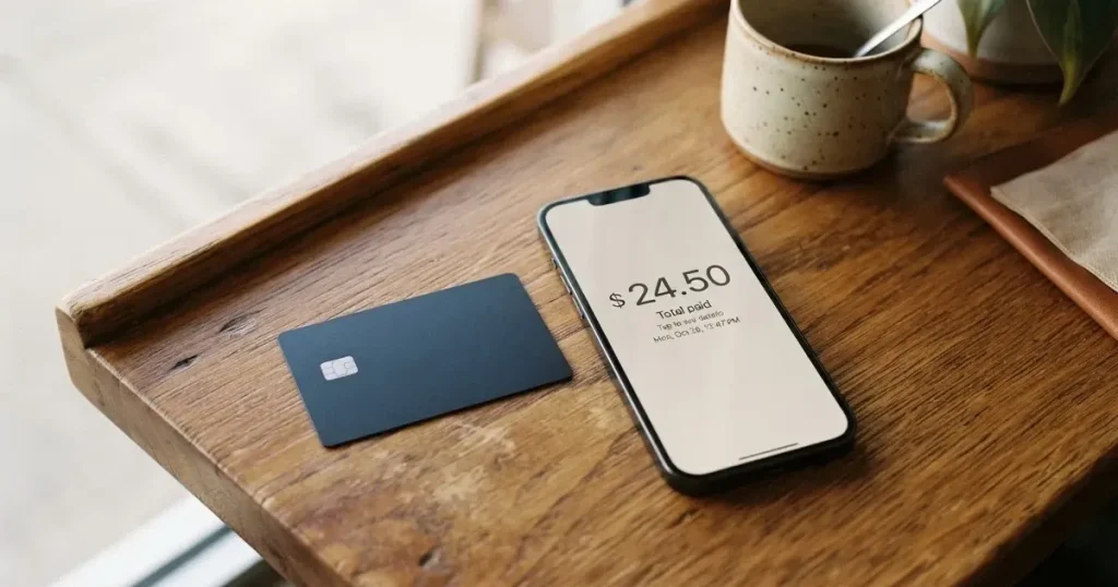 A payment card next to a phone with a crypto wallet app open