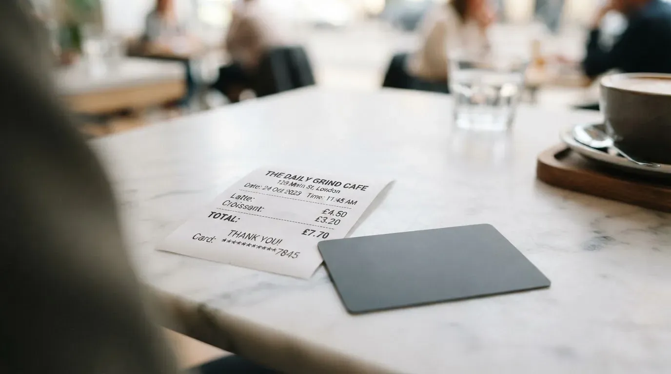 A receipt and a card on a café table