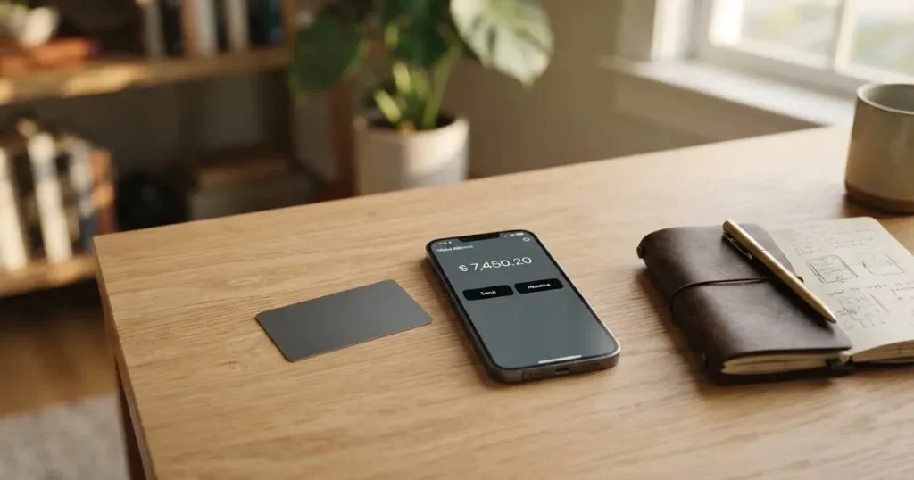 A payment card next to a phone with a crypto wallet app open