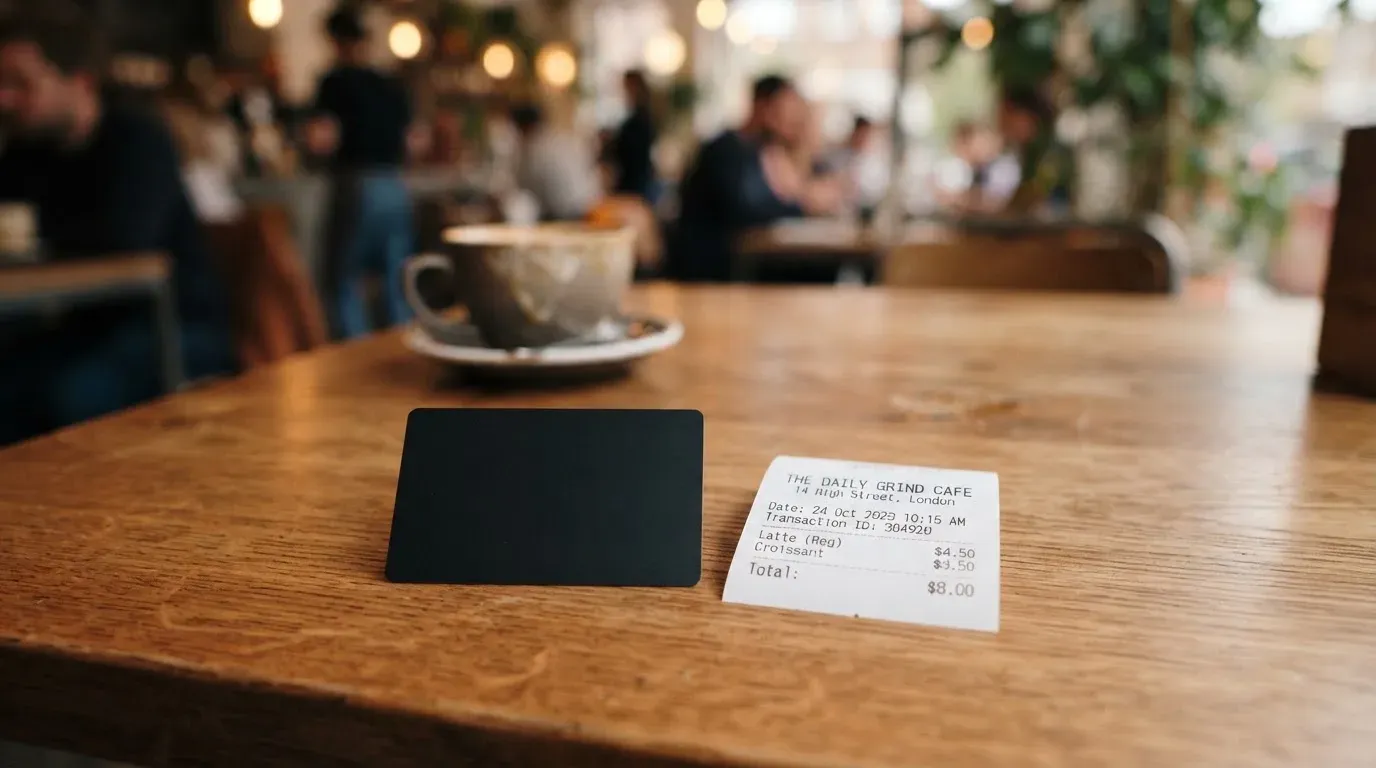 A receipt and a card on a café table