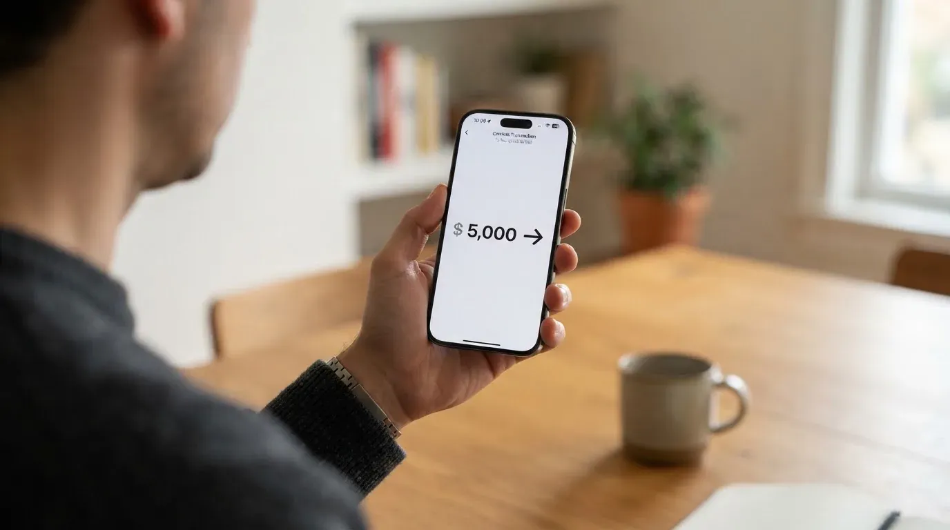 A phone showing a stablecoin transfer screen