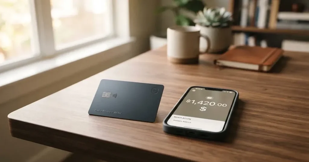 A payment card next to a phone with a crypto wallet app open