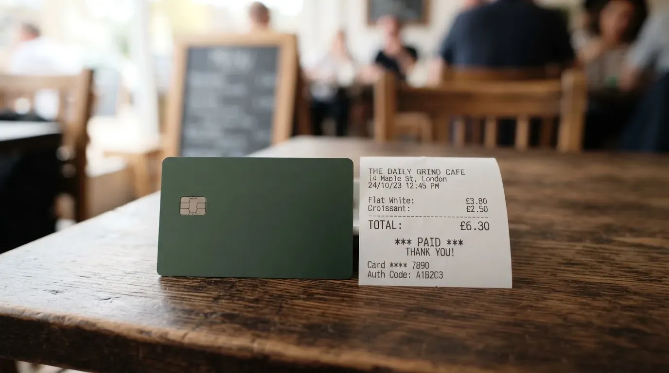 A receipt and a card on a café table