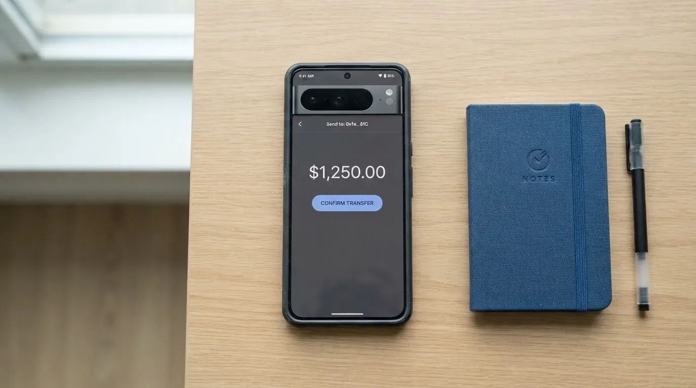 A phone showing a stablecoin transfer screen