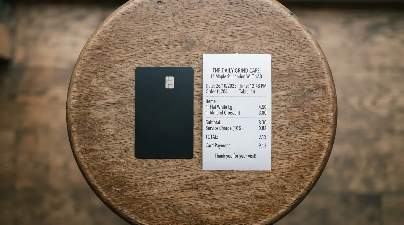 A receipt and a card on a café table