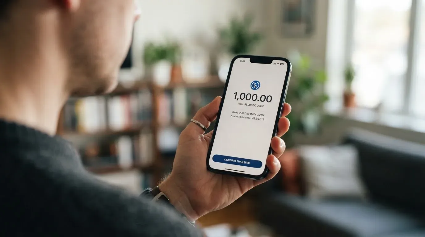 A phone showing a stablecoin transfer screen