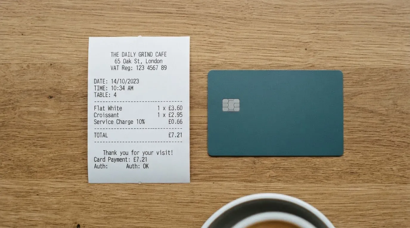 A receipt and a card on a café table