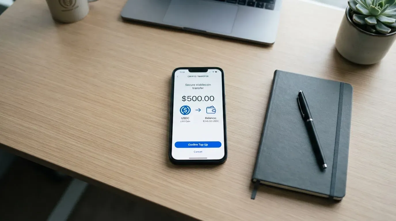 A phone showing a stablecoin transfer screen
