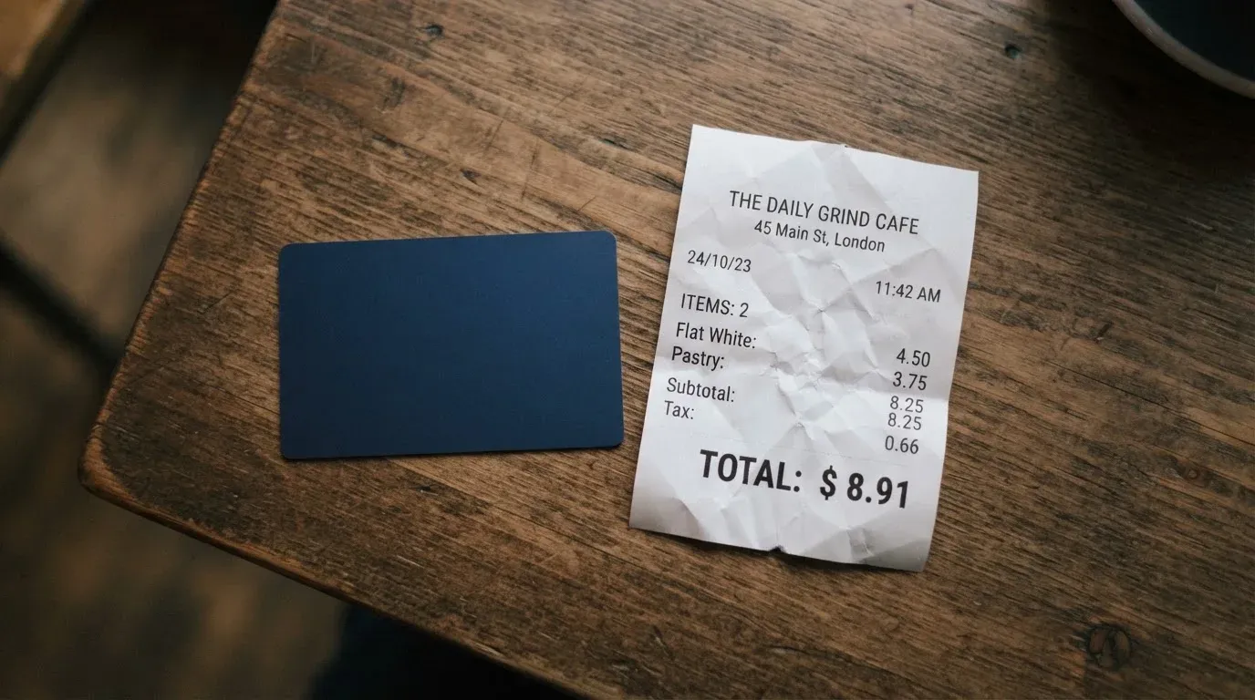 A receipt and a card on a café table