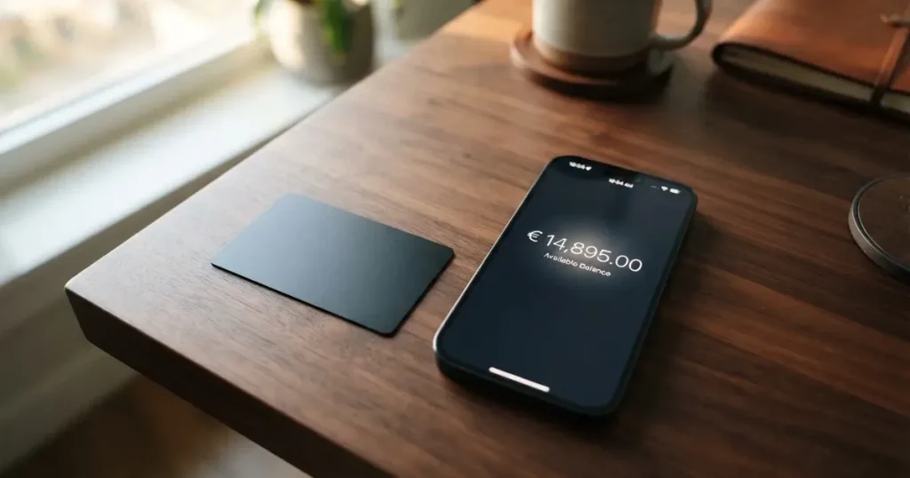 A payment card next to a phone with a crypto wallet app open