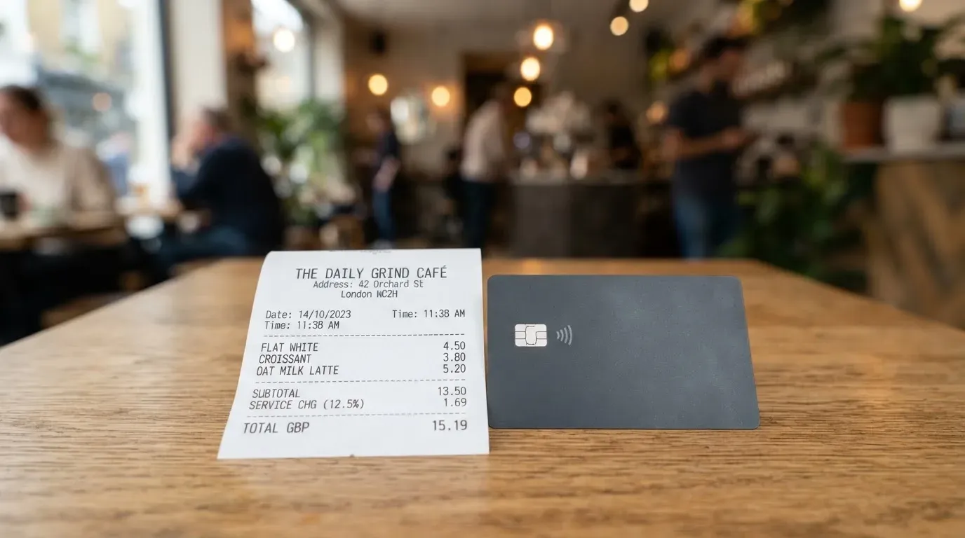 A receipt and a card on a café table